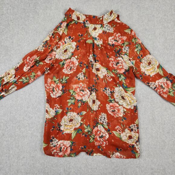 Sara Michelle Blouse Womens Size Small Rust-colored Sheer Floral Button Down - Picture 7 of 12
